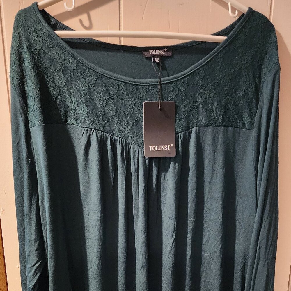 Folunsi 4X Lace Yoke Long Sleeve Top Green Plus Size 4X NWT